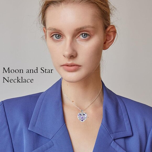 Birthstone Moon and Star Necklace Women 925 Sterling Silver Heart Crystal Gift - Picture 3 of 7